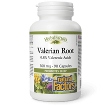 A white plastic bottle of Herbal Factors Valerian Root capsules, 300 mg, 90 capsules, with a white cap on a white background.