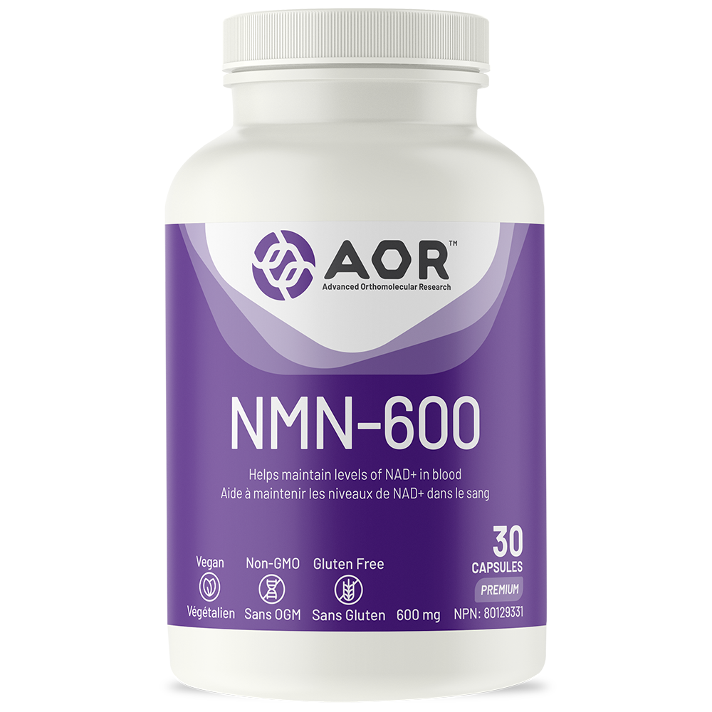 NMN-600 supplement bottle with AOR branding on a white background