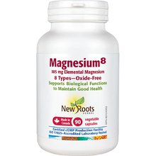 Bottle of New Roots Magnesium8 supplement on a white background