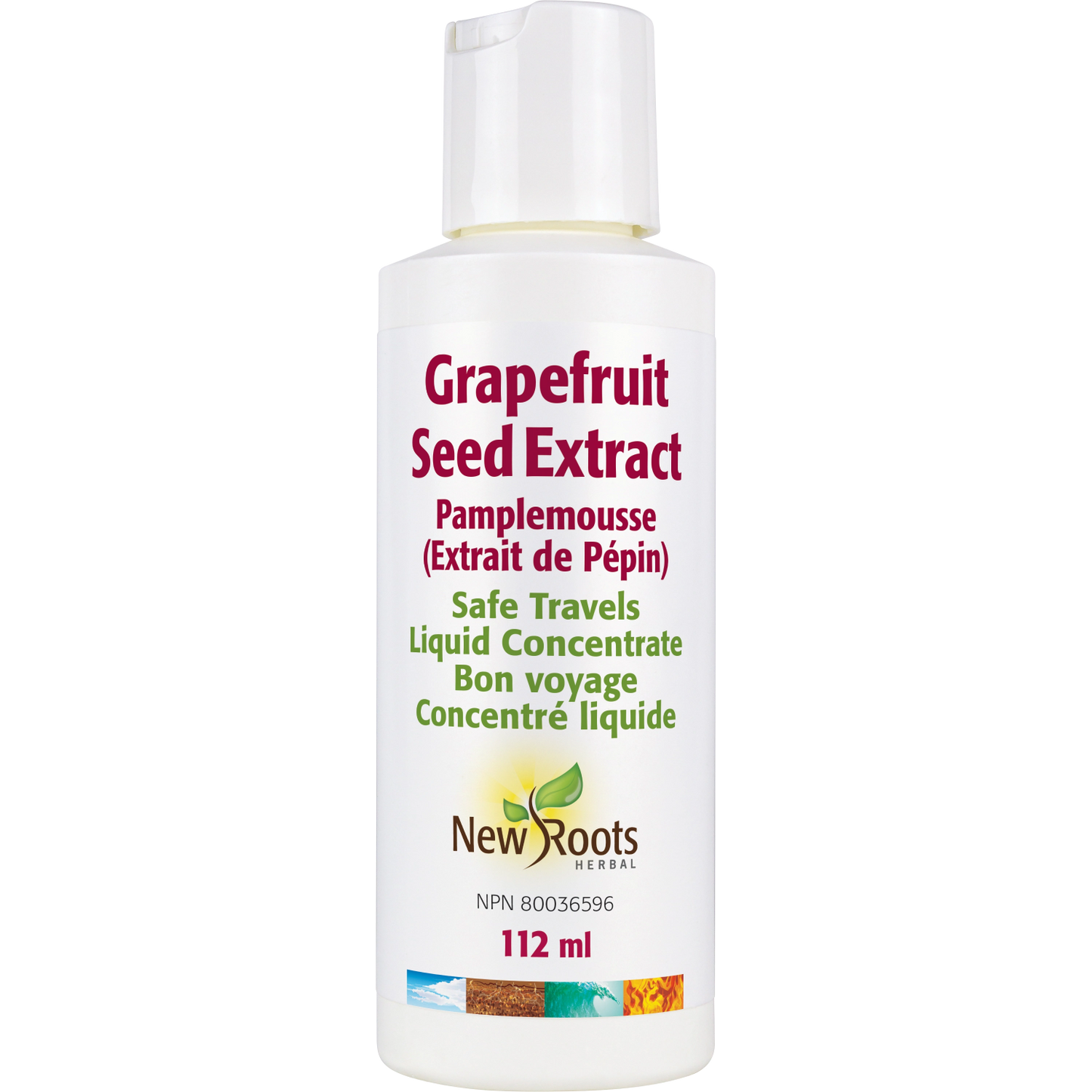 Bottle of Grapefruit Seed Extract by New Roots on a white background