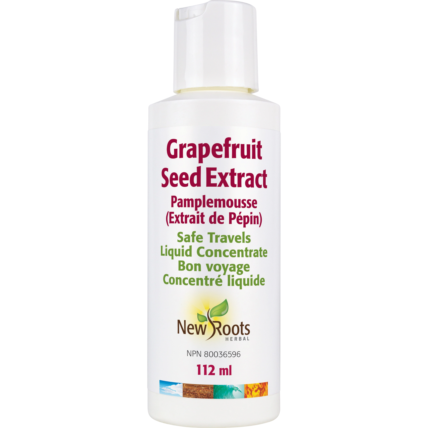 Bottle of Grapefruit Seed Extract by New Roots on a white background