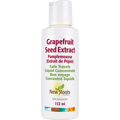Bottle of Grapefruit Seed Extract by New Roots on a white background