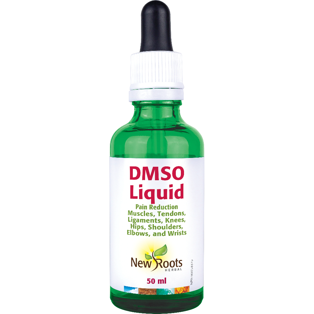 Bottle of DMSO Liquid with New Roots Herbals label on a white background