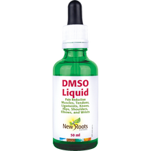Bottle of DMSO Liquid with New Roots Herbals label on a white background