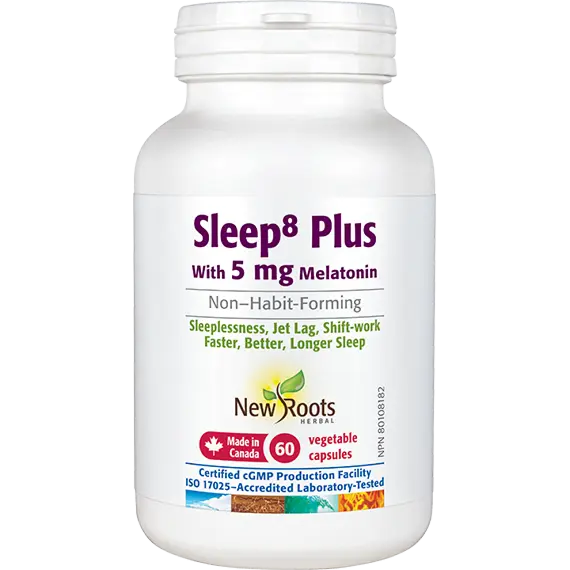 Sleep8 Plus supplement bottle with 5 mg Melatonin on a white background