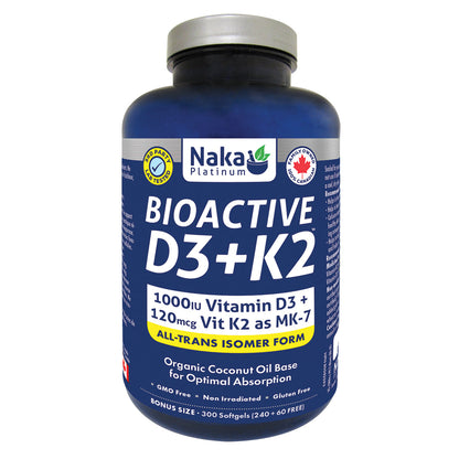 Naka Platinum Bioactive D3+K2 supplement bottle on a white background