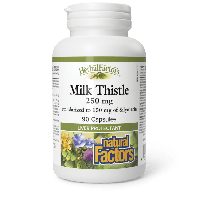 A white plastic bottle of Herbal Factors Milk Thistle 250 mg capsules, 90 count, on a white background with a soft shadow.