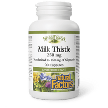 A white plastic bottle of Herbal Factors Milk Thistle 250 mg capsules, 90 count, on a white background with a soft shadow.