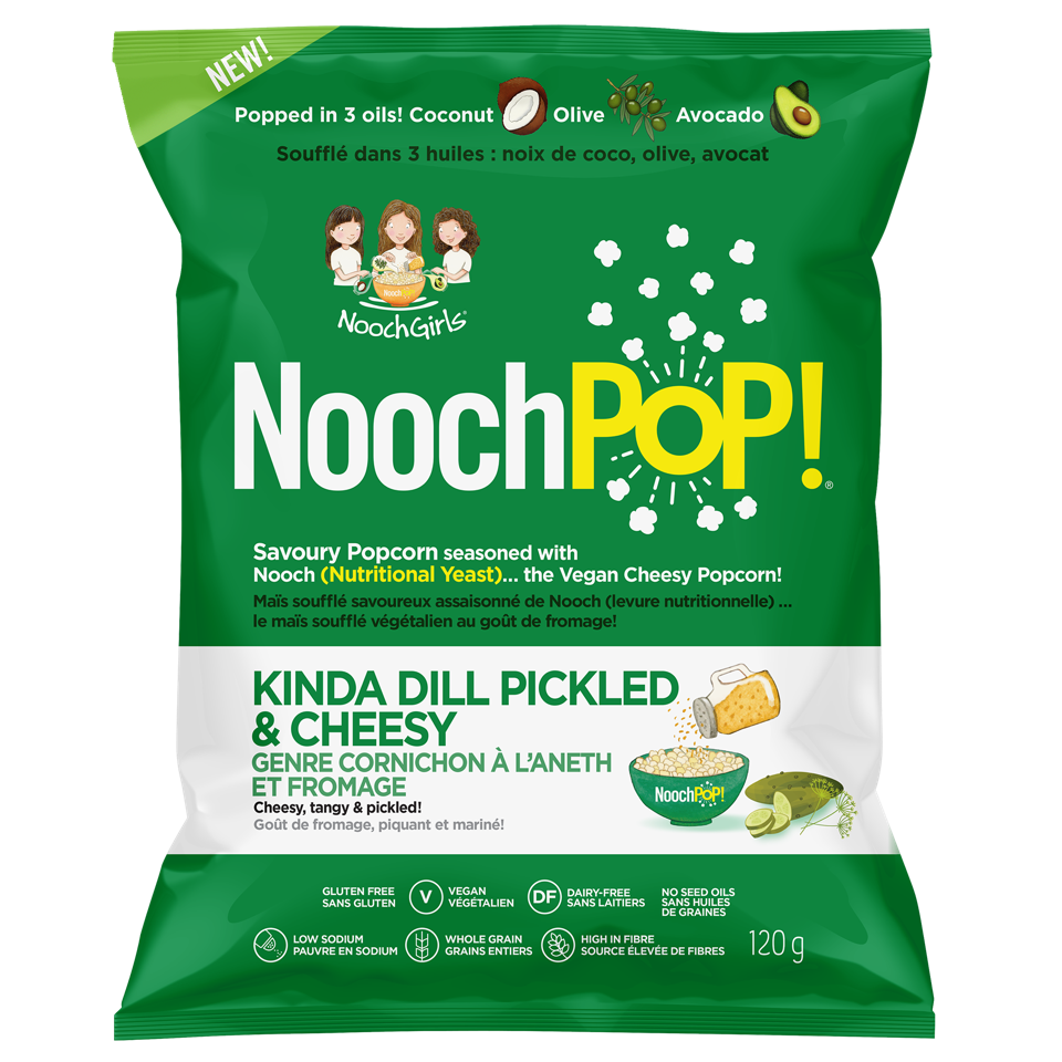 Green packaging of NoochPop! popcorn with branding and product details.