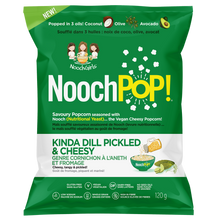 Green packaging of NoochPop! popcorn with branding and product details.