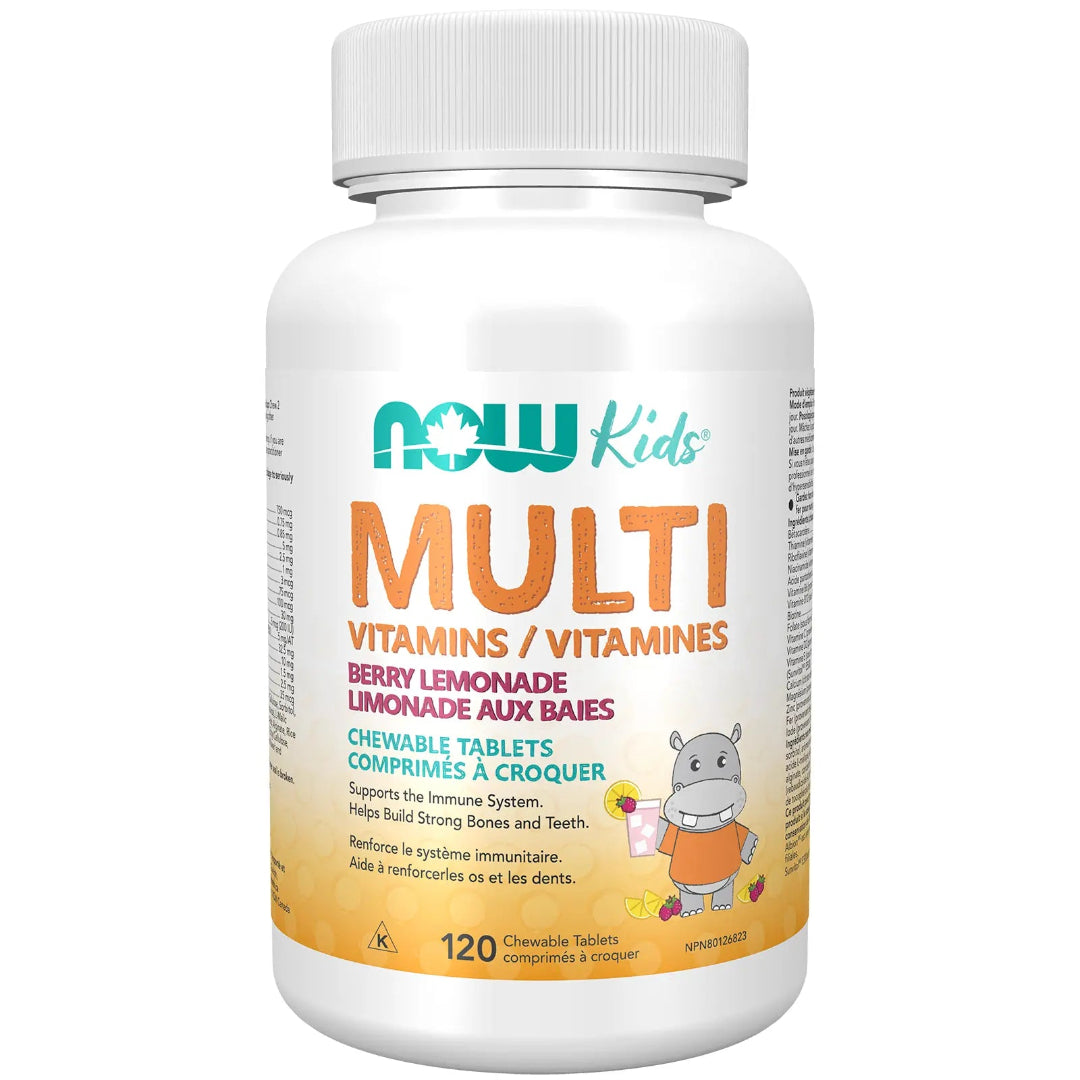 Bottle of NOW Kids Multi Vitamins on a white background