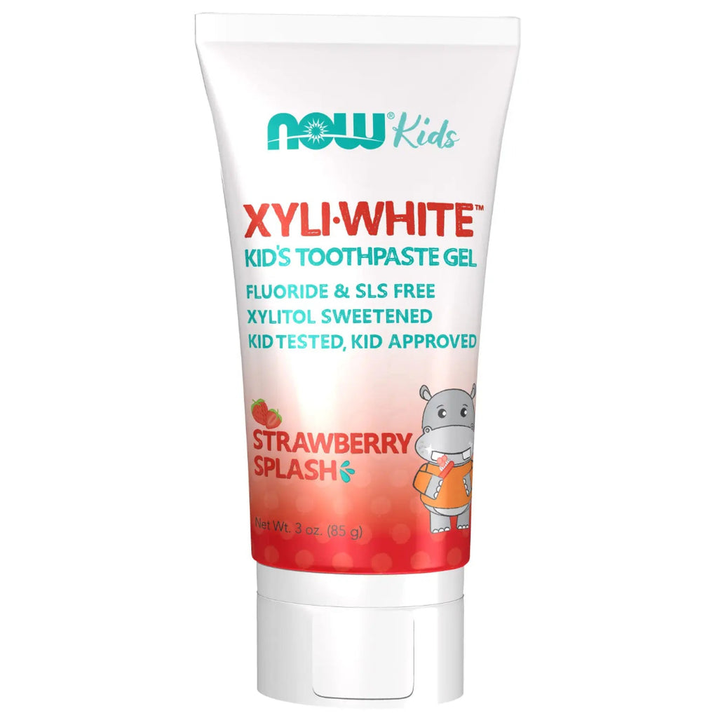Tube of XyliWhite Kids' Toothpaste Gel with strawberry flavor on a white background