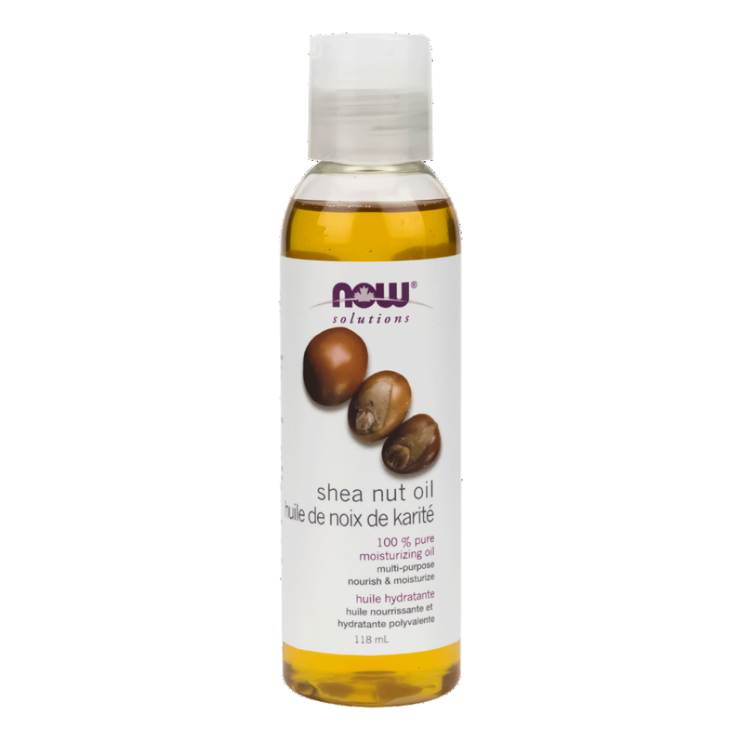 Bottle of NOW Solutions shea nut oil with a white label on a white background