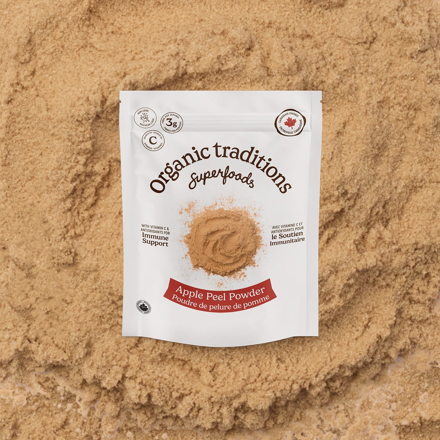 Package of Organic Traditions Apple Peel Powder on a textured brown background