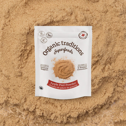 Package of Organic Traditions Apple Peel Powder on a textured brown background
