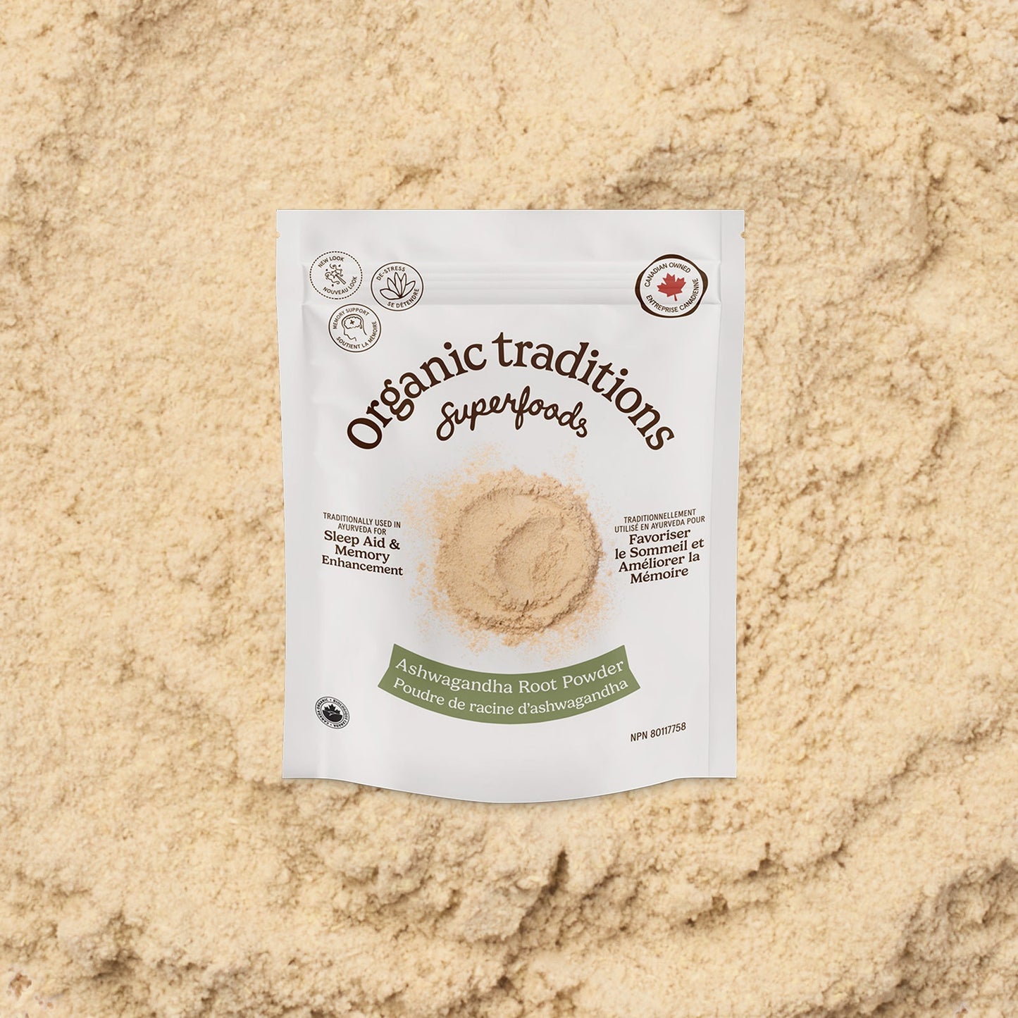 Package of Organic Traditions Ashwagandha Root Powder on a bed of the powder