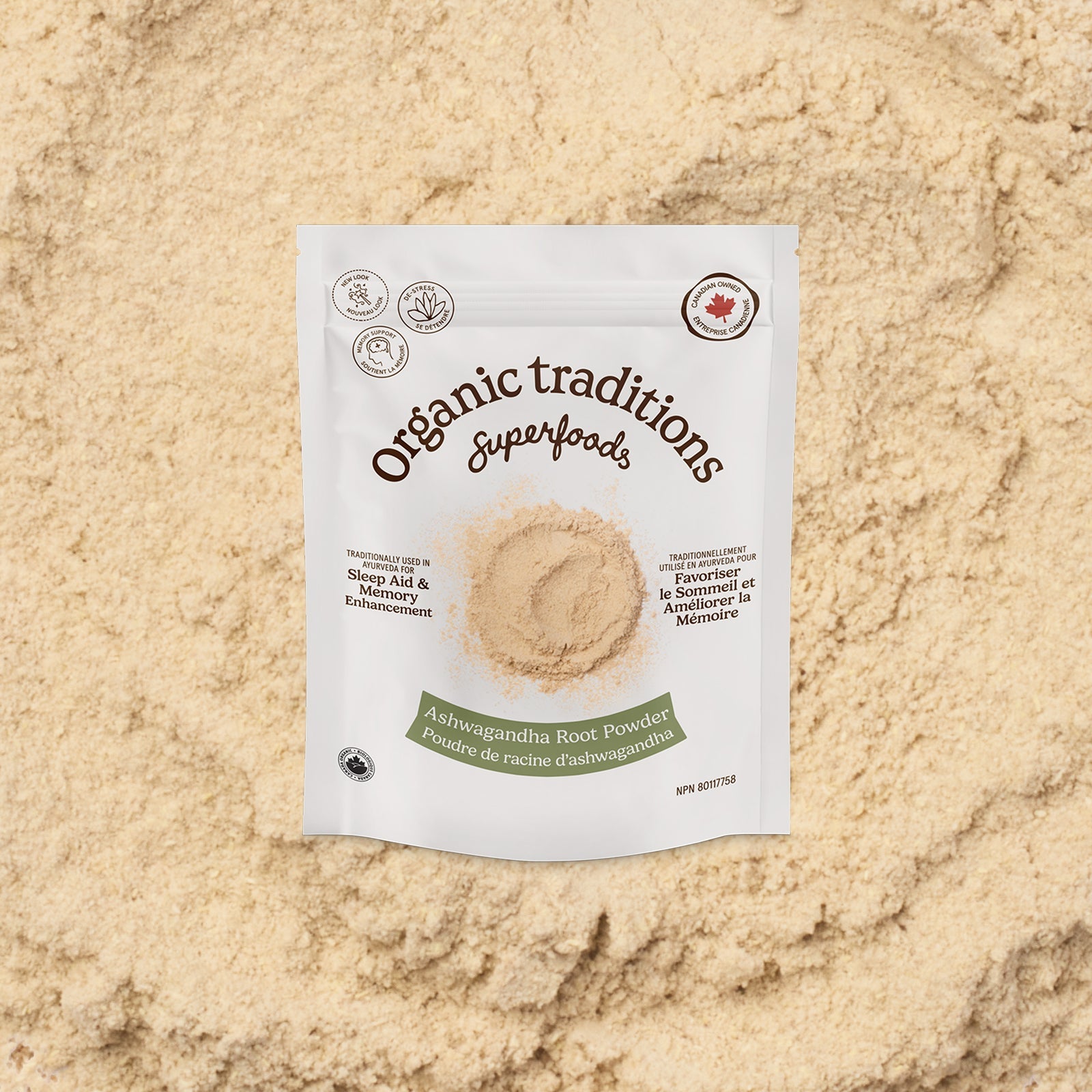 Package of Organic Traditions Ashwagandha Root Powder on a bed of the powder