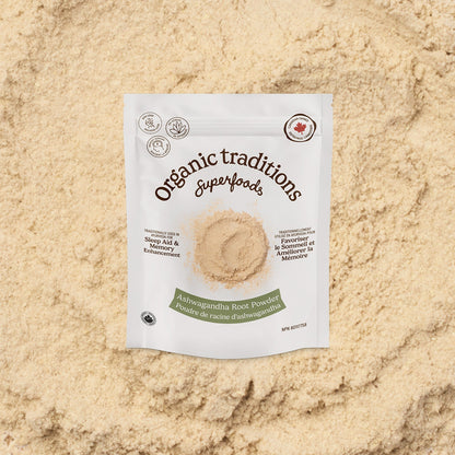 Package of Organic Traditions Ashwagandha Root Powder on a bed of the powder