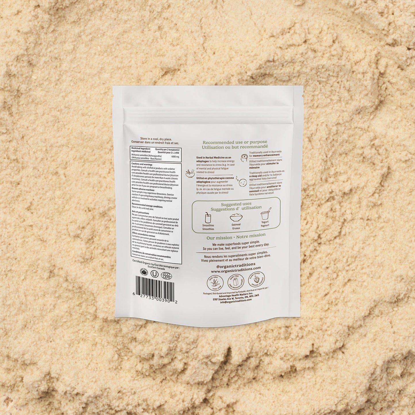 White product packaging label on a beige sand-like textured background