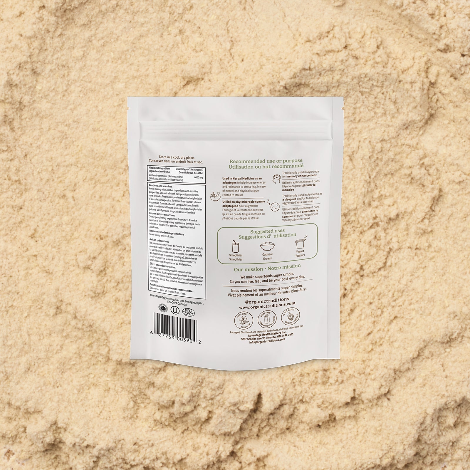 White product packaging label on a beige sand-like textured background