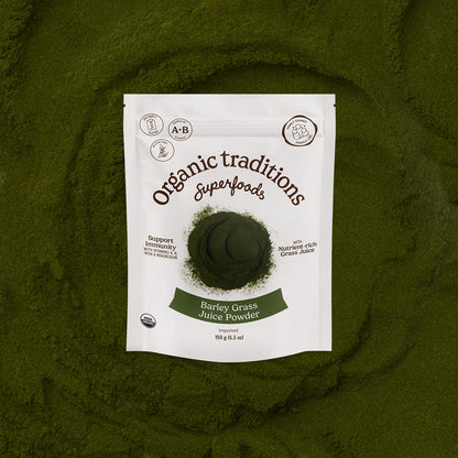 Package of Organic Traditions Barley Grass Juice Powder on a green background