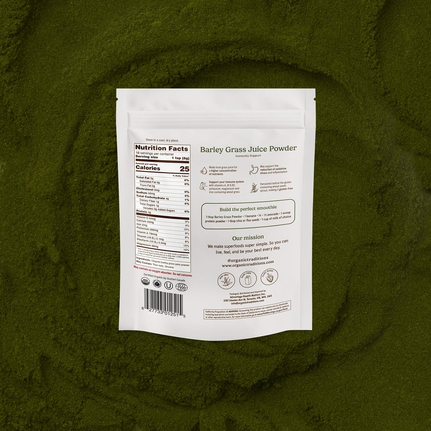 Barley grass juice powder package with nutrition facts label on a green background