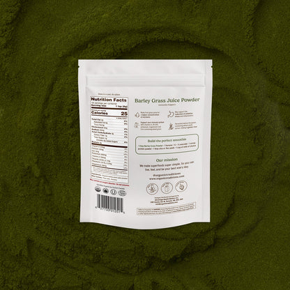 Barley grass juice powder package with nutrition facts label on a green background