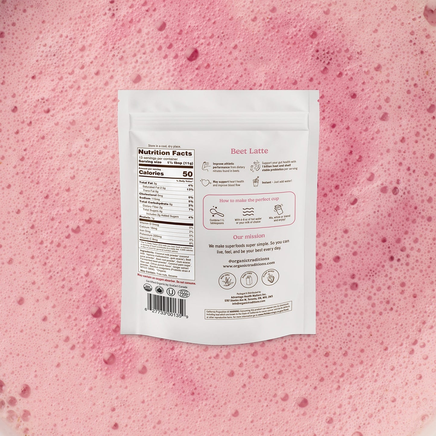 Product packaging with nutrition facts label on a pink textured background