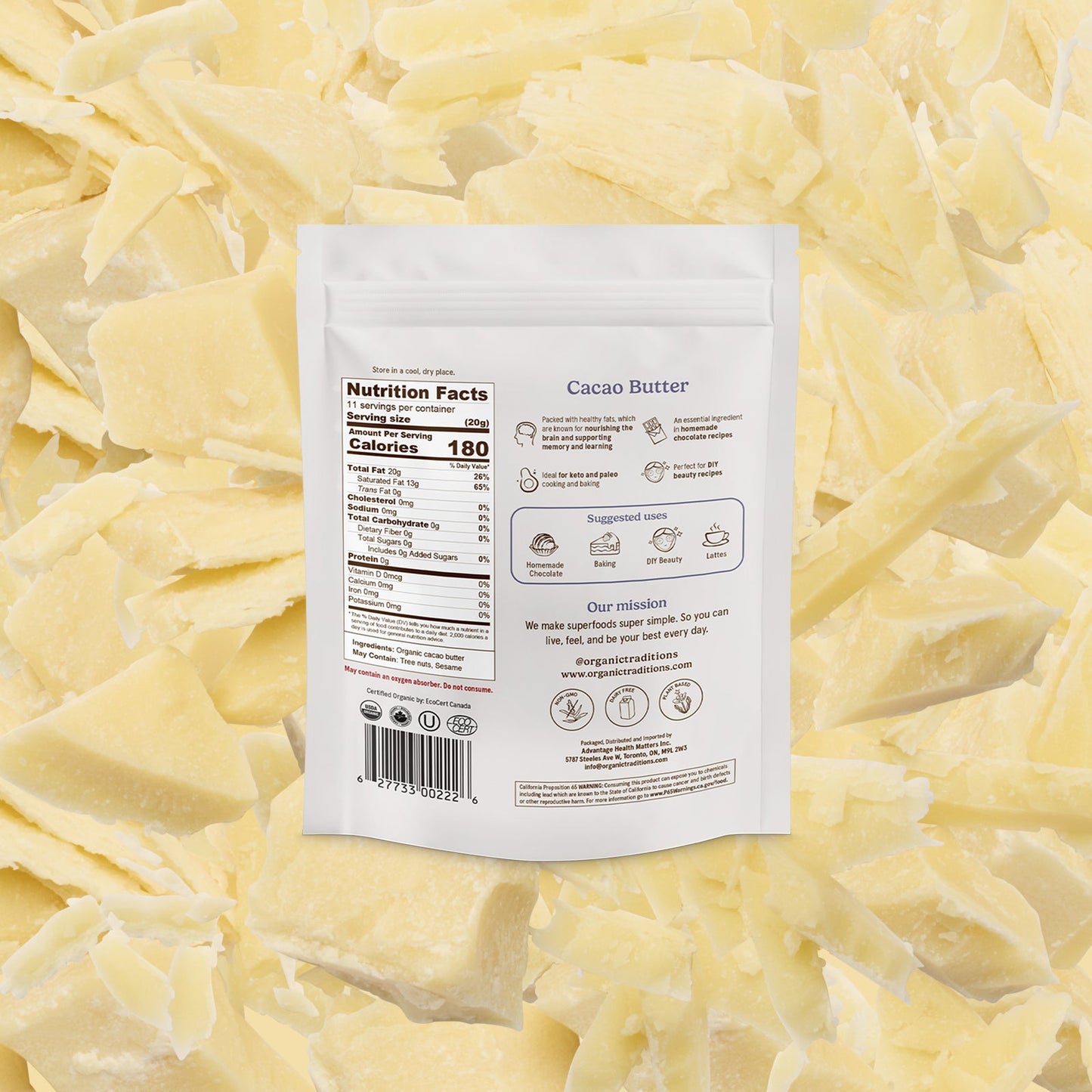 Cacao butter packaging with nutrition facts label on a background of cacao butter pieces