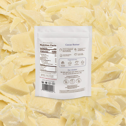 Cacao butter packaging with nutrition facts label on a background of cacao butter pieces