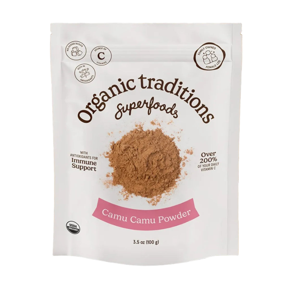 Package of Organic Traditions Camu Camu Powder on a brown background