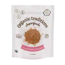 Package of Organic Traditions Camu Camu Powder on a brown background