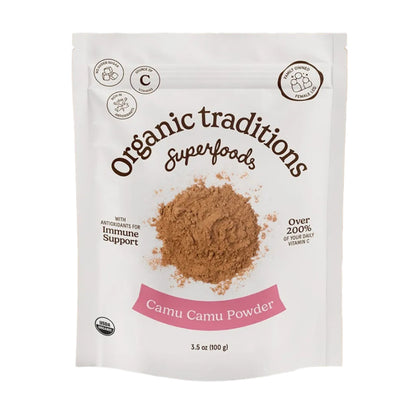 Package of Organic Traditions Camu Camu Powder on a brown background