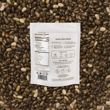 Bag of dark chia seeds with nutrition label on a textured brown background
