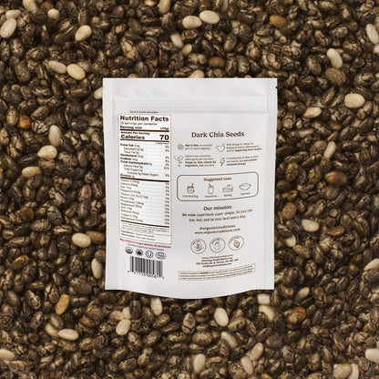 Bag of dark chia seeds with nutrition label on a textured brown background