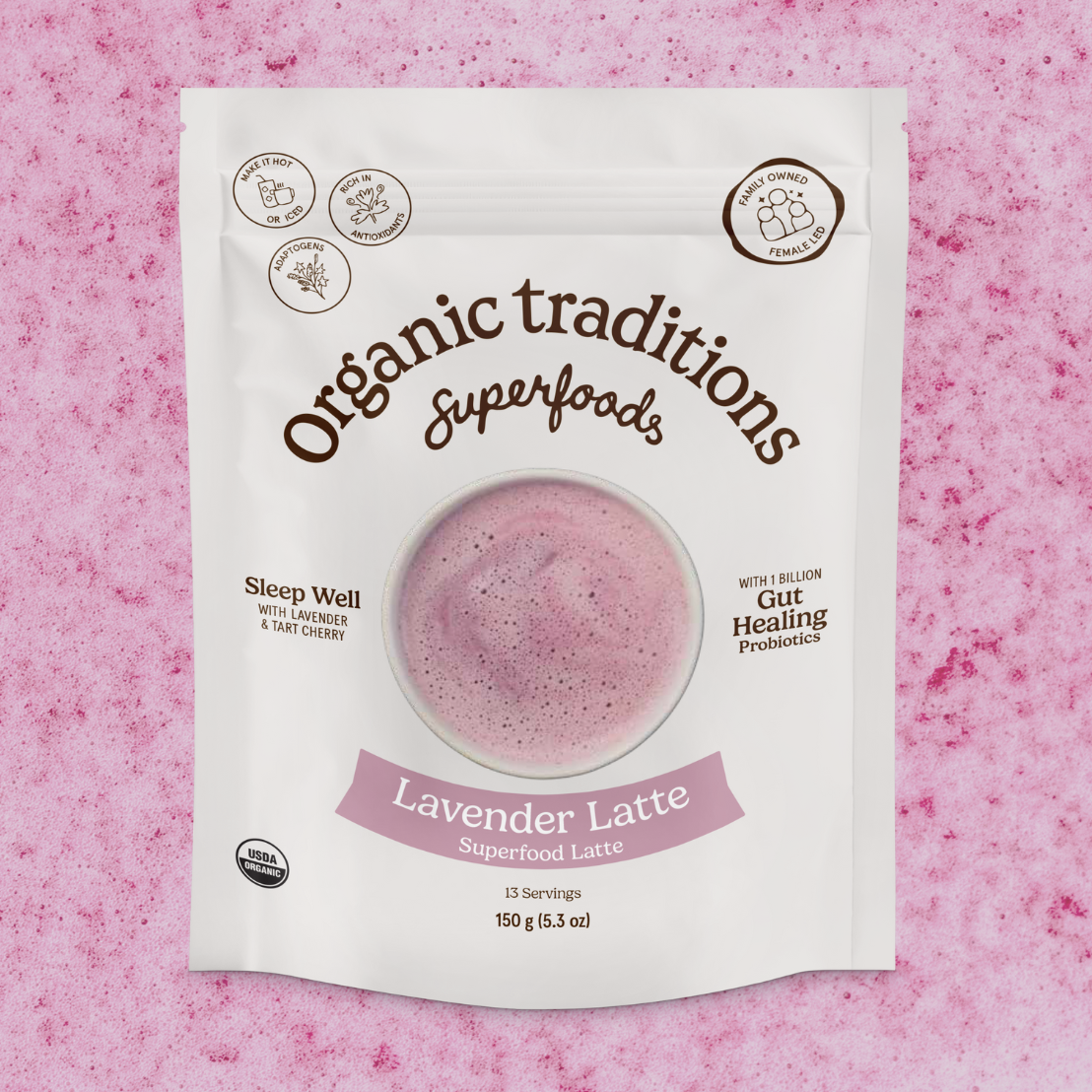 Organic Traditions Lavender Latte package on a pink background