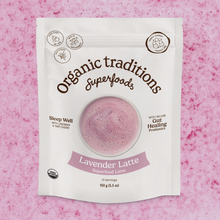 Organic Traditions Lavender Latte package on a pink background