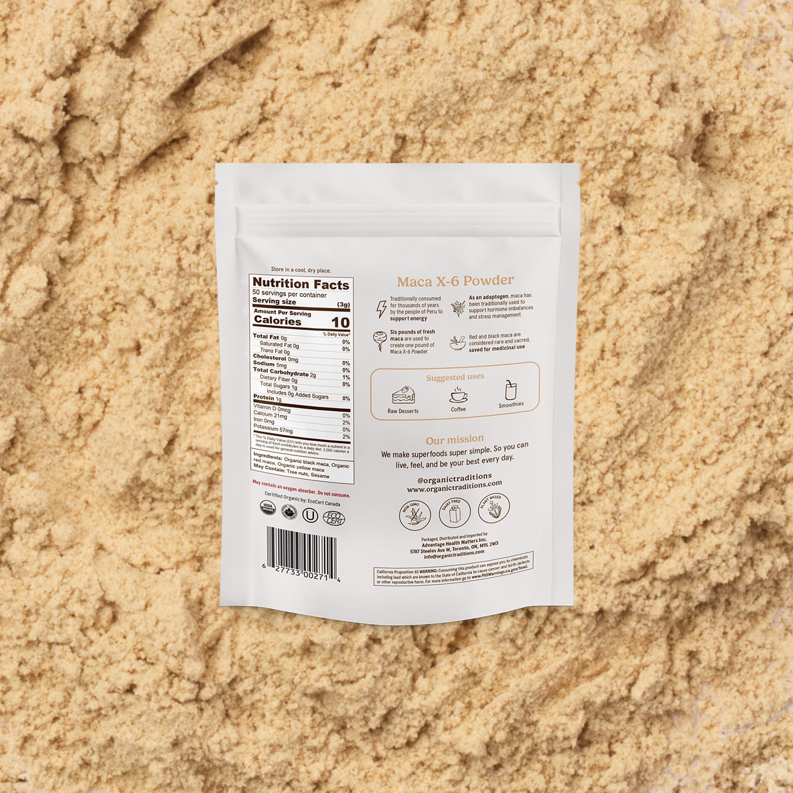 Maca X-6 Powder package on a sandy background