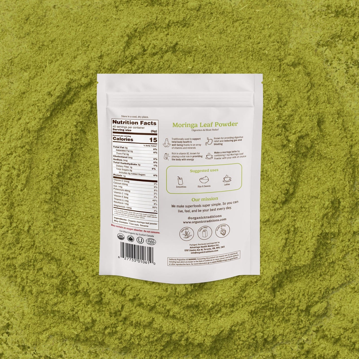 Moringa leaf powder packaging on a green powder background