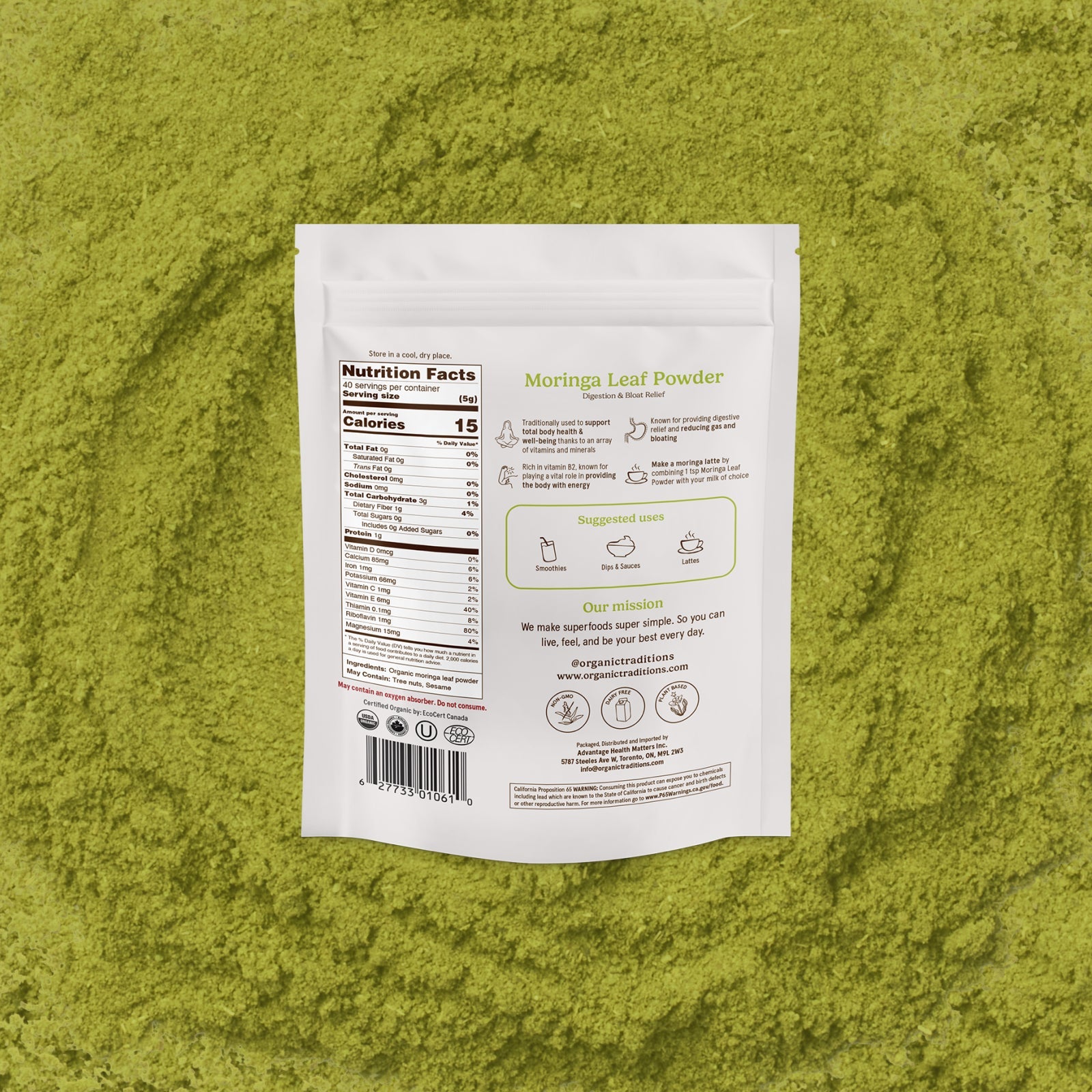Moringa leaf powder packaging on a green powder background