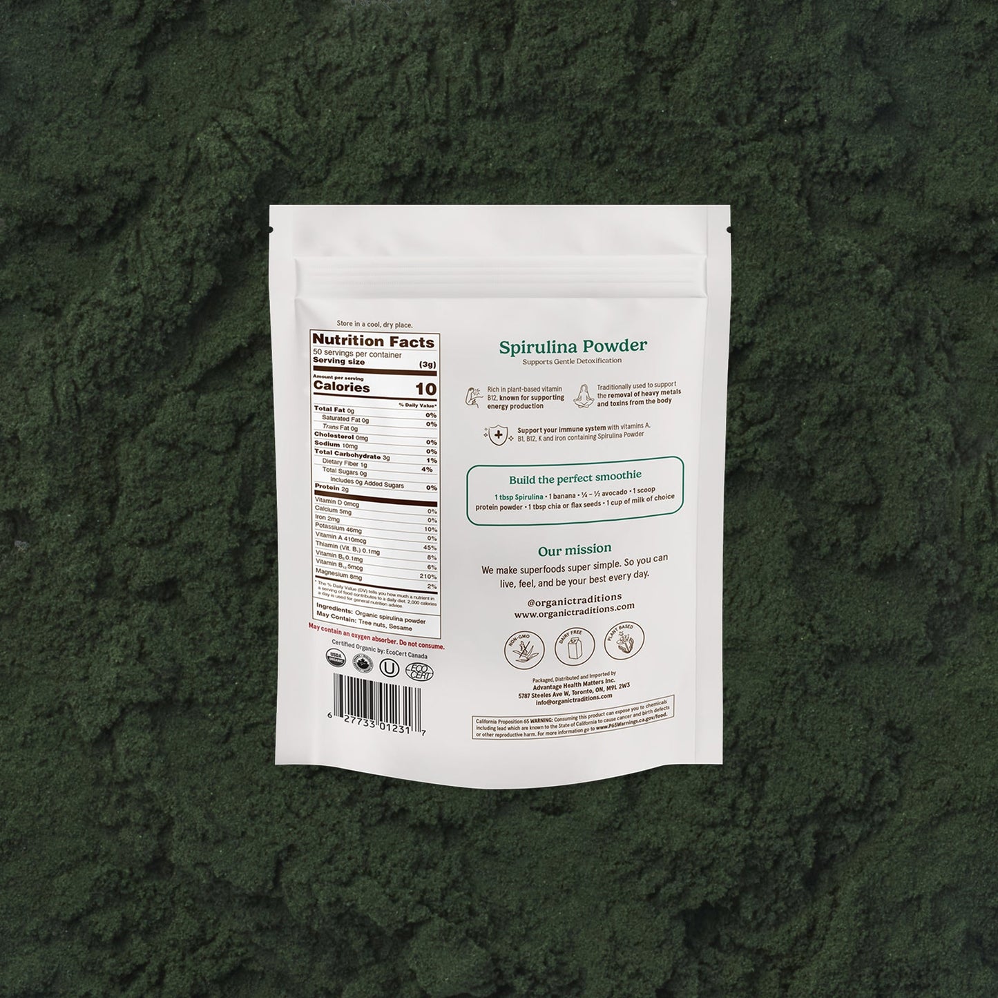 Spirulina powder package on a green textured background