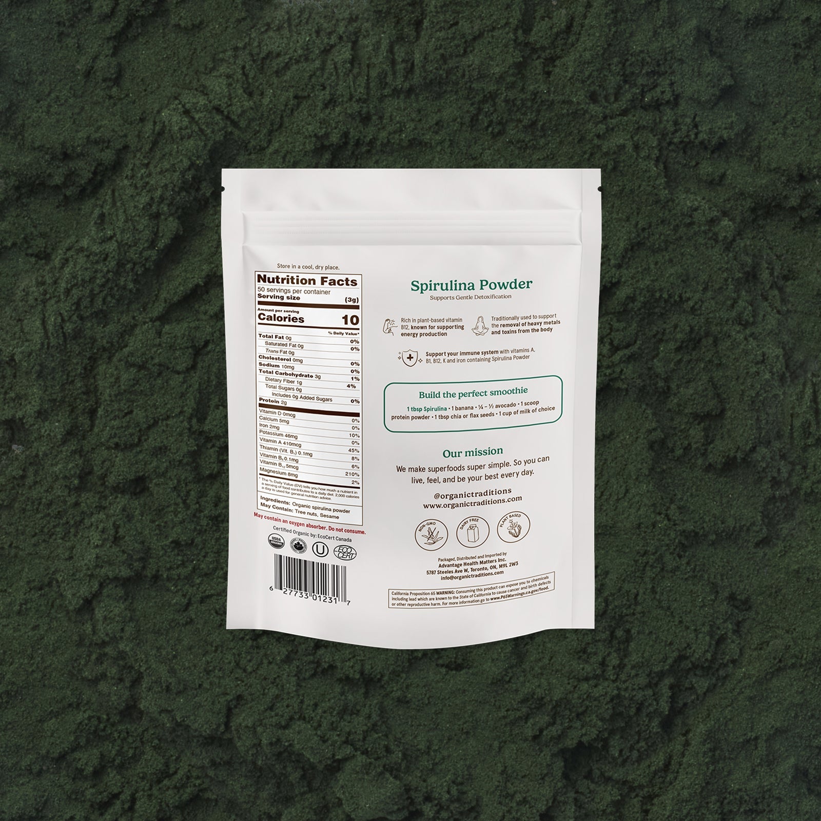 Spirulina powder package on a green textured background