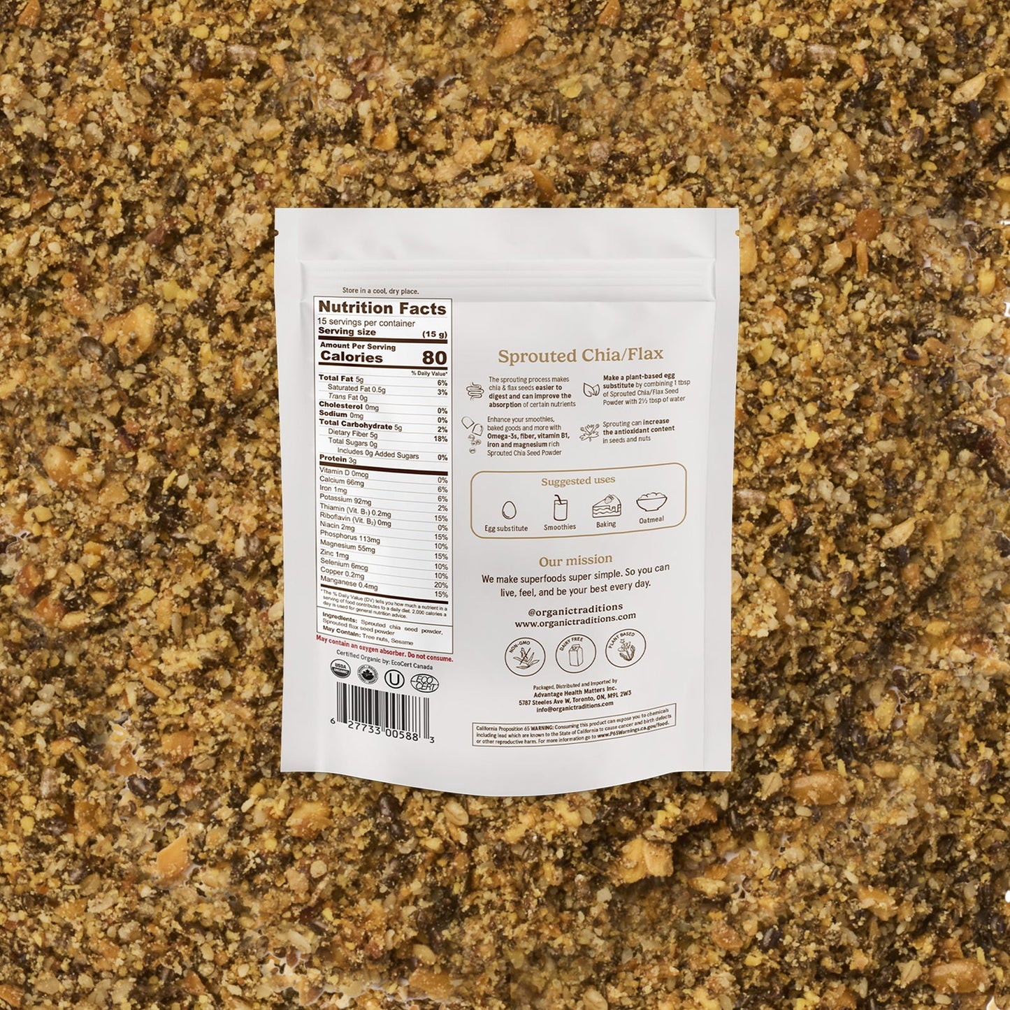 Nutrition facts label on a package against a brown textured background