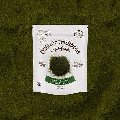 Package of Organic Traditions Superfoods Super 5 Grass Juice Powder on a green background