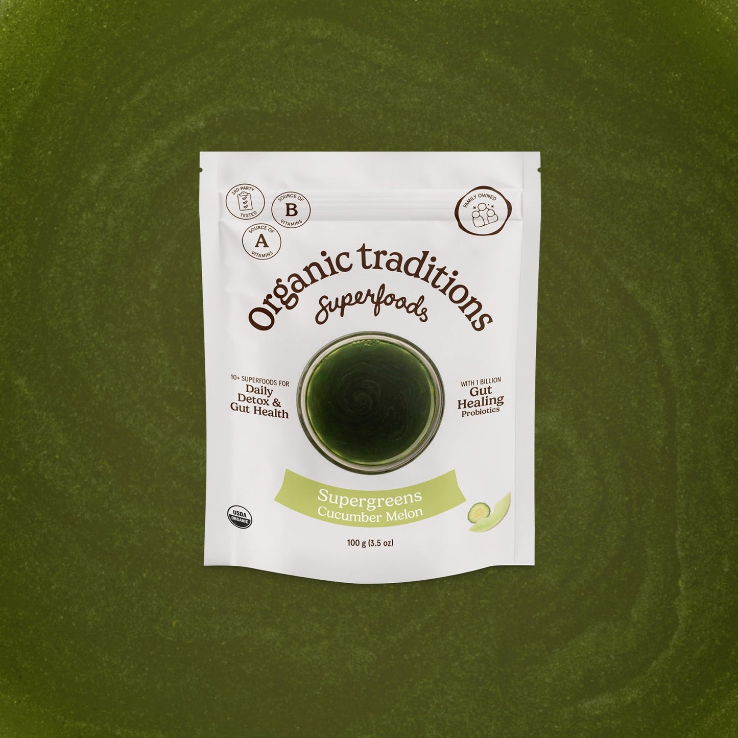 Organic traditions superfoods package on a green background