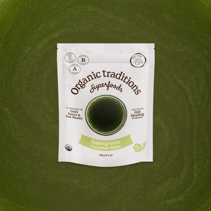 Organic traditions superfoods package on a green background