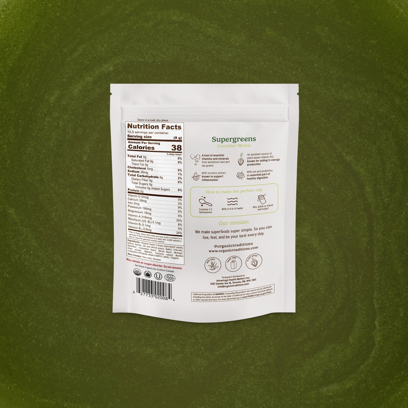 Supergreens package with nutrition label on a green background