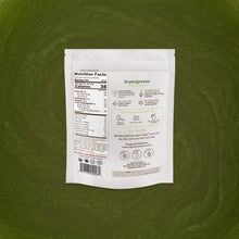 Supergreens package with nutrition label on a green background