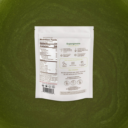 Supergreens package with nutrition label on a green background
