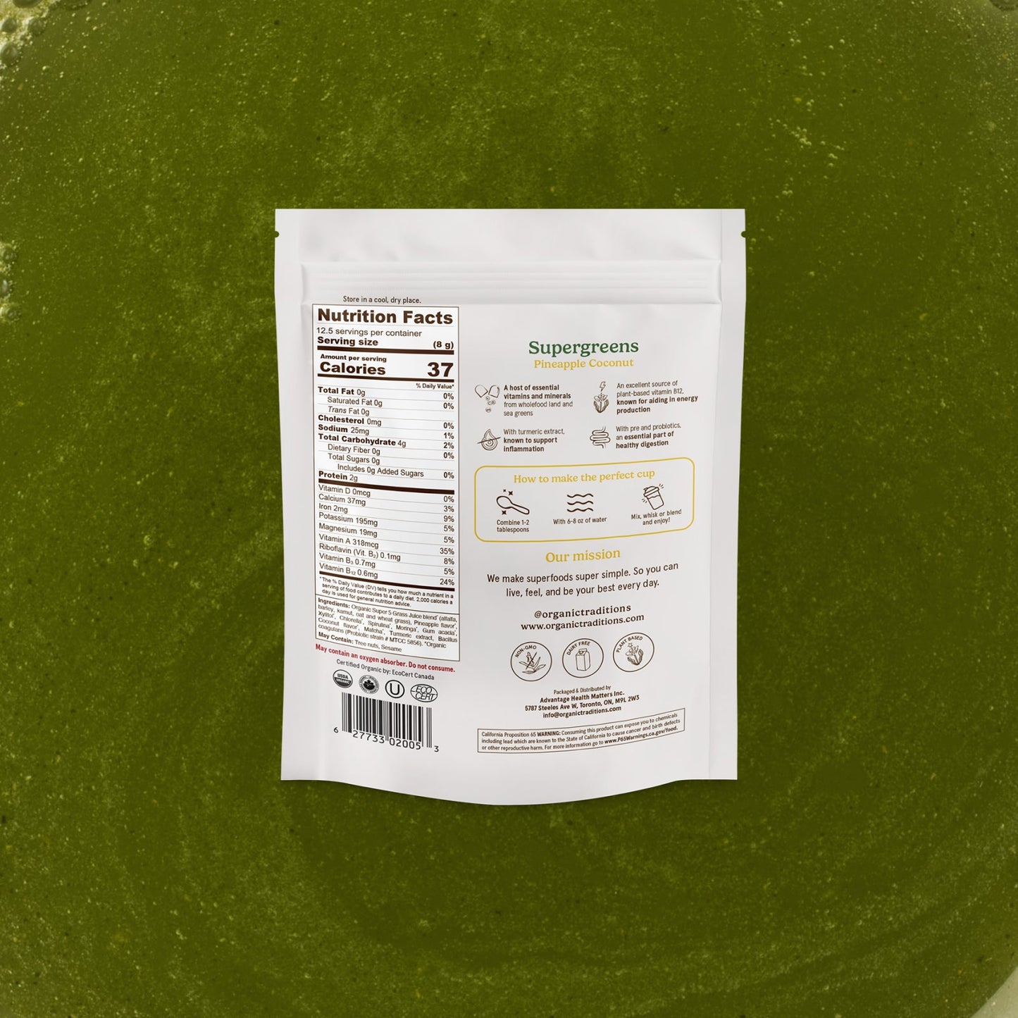 Supergreens package with nutrition facts label on a green background